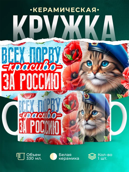 Кружка Кот Всех порву красиво за Россию