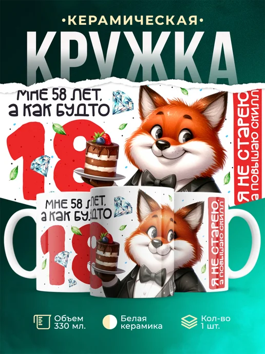 Кружка С днем рождения! Мне как будто 18, а не 58