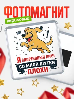 Купить магнит сувенирный 65мм с озорным псом Спортивный врач с доставкой по России