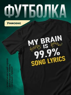 Купить футболку чёрную с принтом «Мой мозг — 99.9% текстов песен» с доставкой